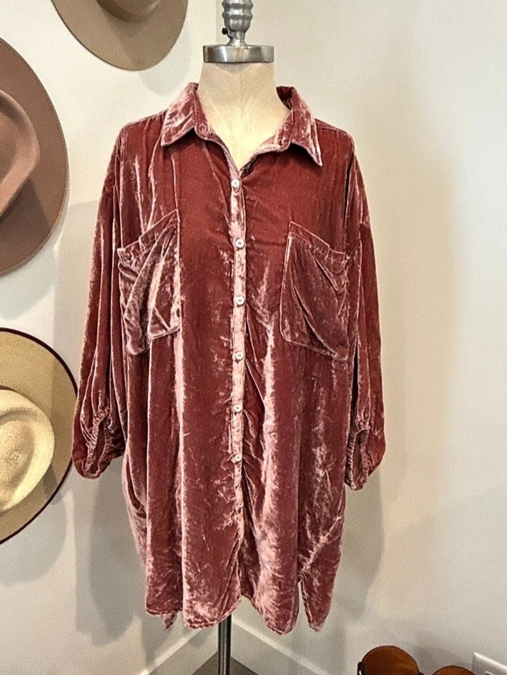 Free PeoplePink Velvet Button Down Shirt dress Like New